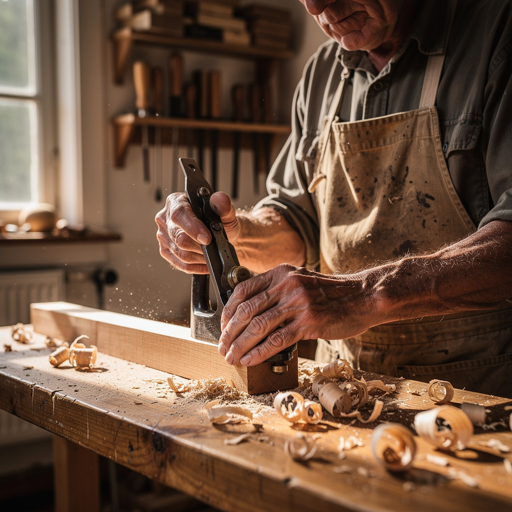 Elderly Danish craftsman working with his hands in a workshop