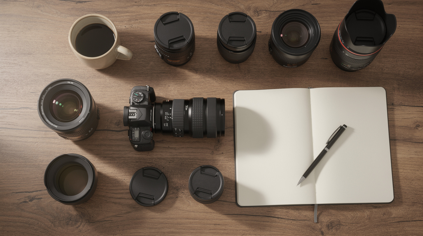 Camera and lenses laid out on a wooden desk